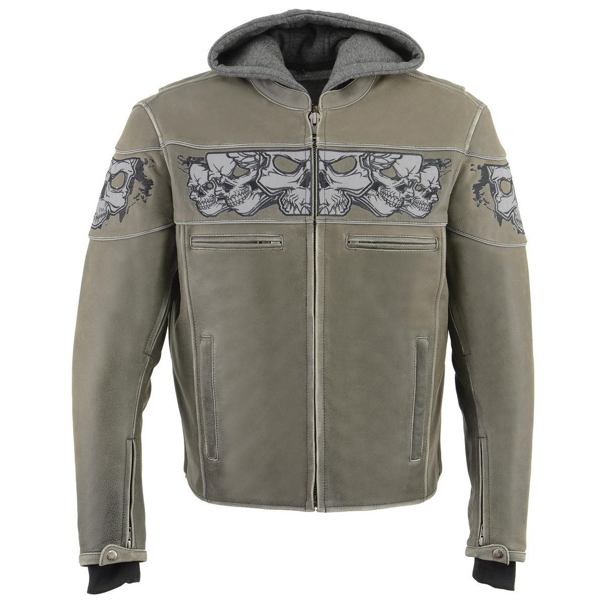 MLM1562 Men's Distressed Grey Leather Jacket with Reflective Skulls