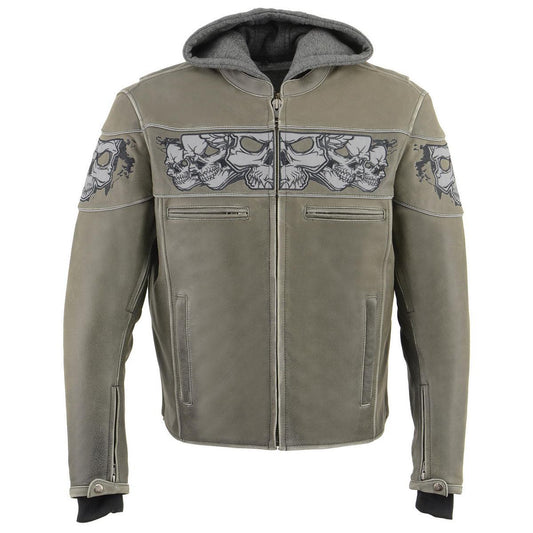 MLM1562 Men's Distressed Grey Leather Jacket with Reflective Skulls