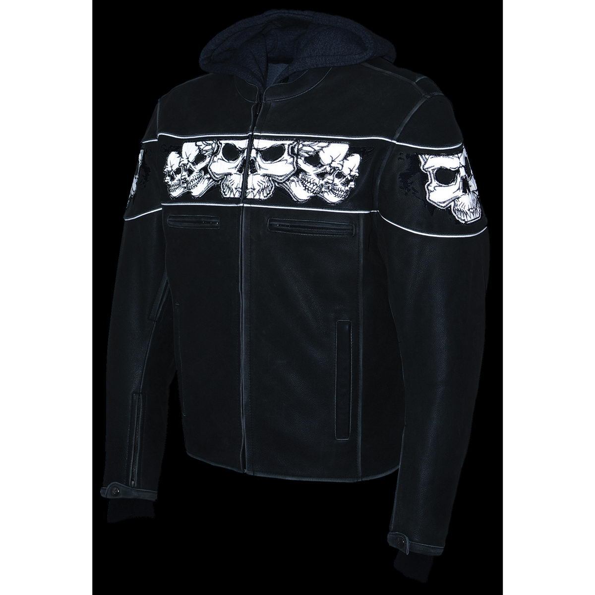 MLM1562 Men's Distressed Grey Leather Jacket with Reflective Skulls