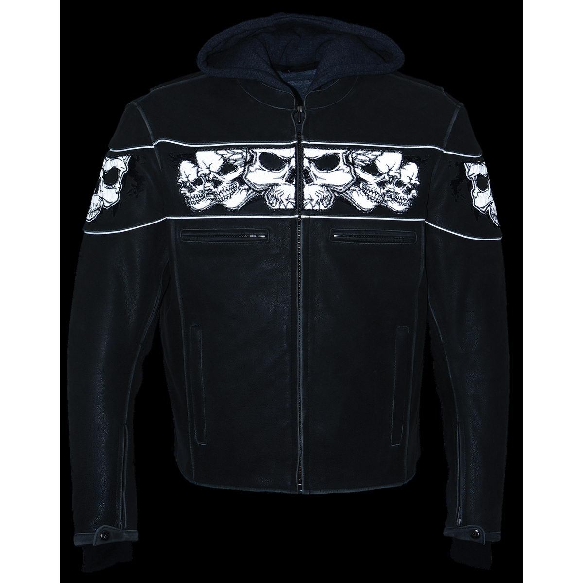 MLM1562 Men's Distressed Grey Leather Jacket with Reflective Skulls