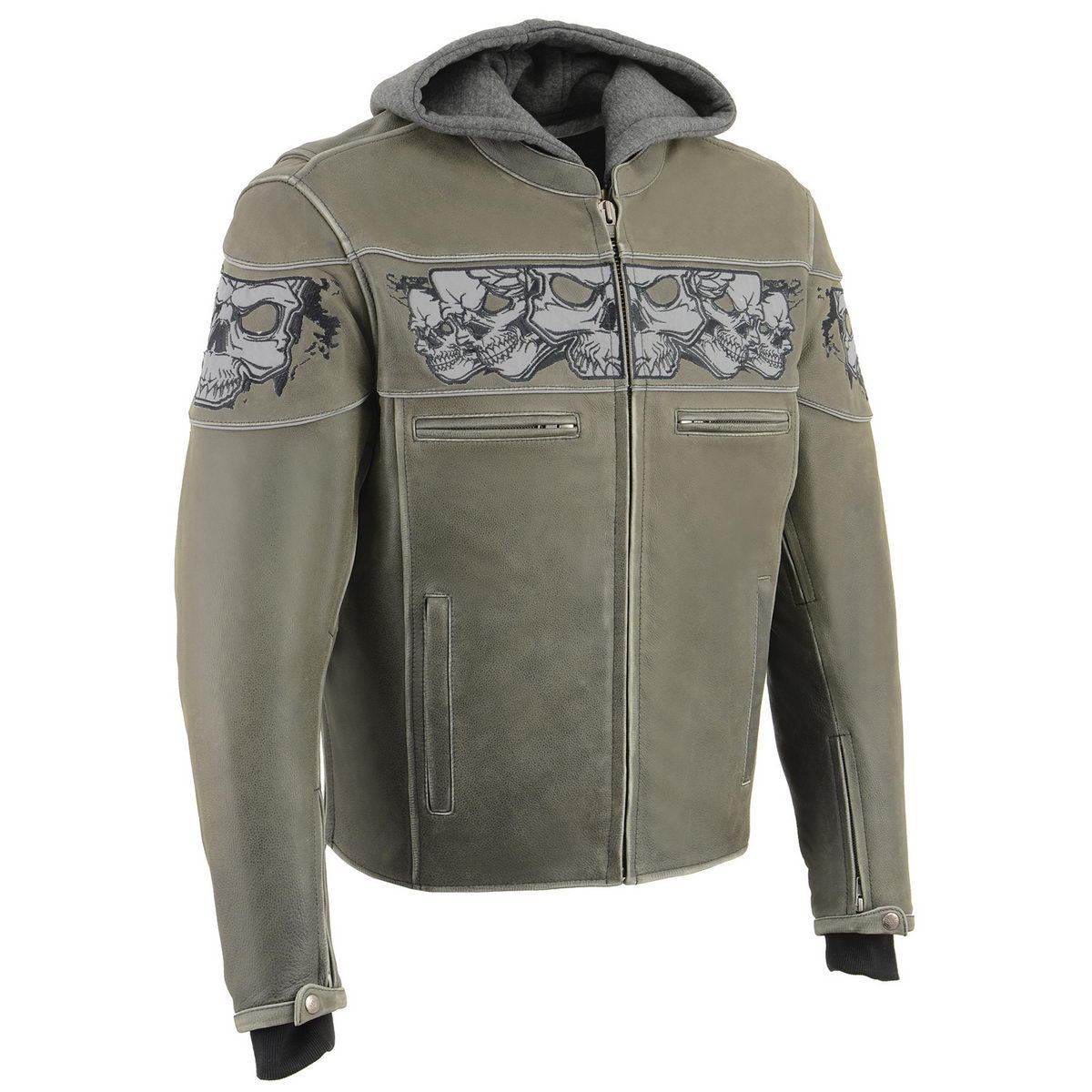 MLM1562 Men's Distressed Grey Leather Jacket with Reflective Skulls