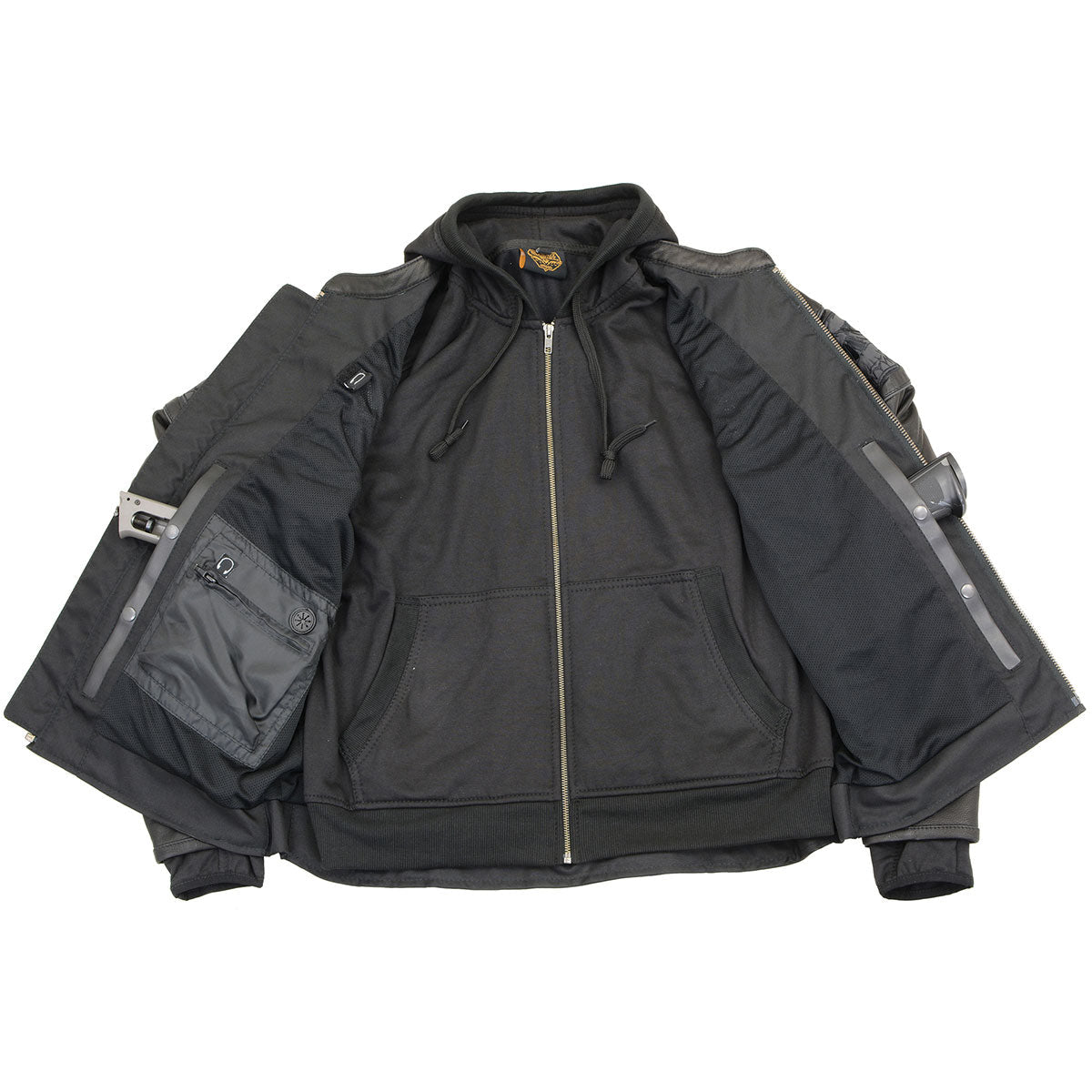 MLM1563 Men's Black Leather Scooter Style Motorcycle Jacket with Reflective Skulls w/ Hoodie