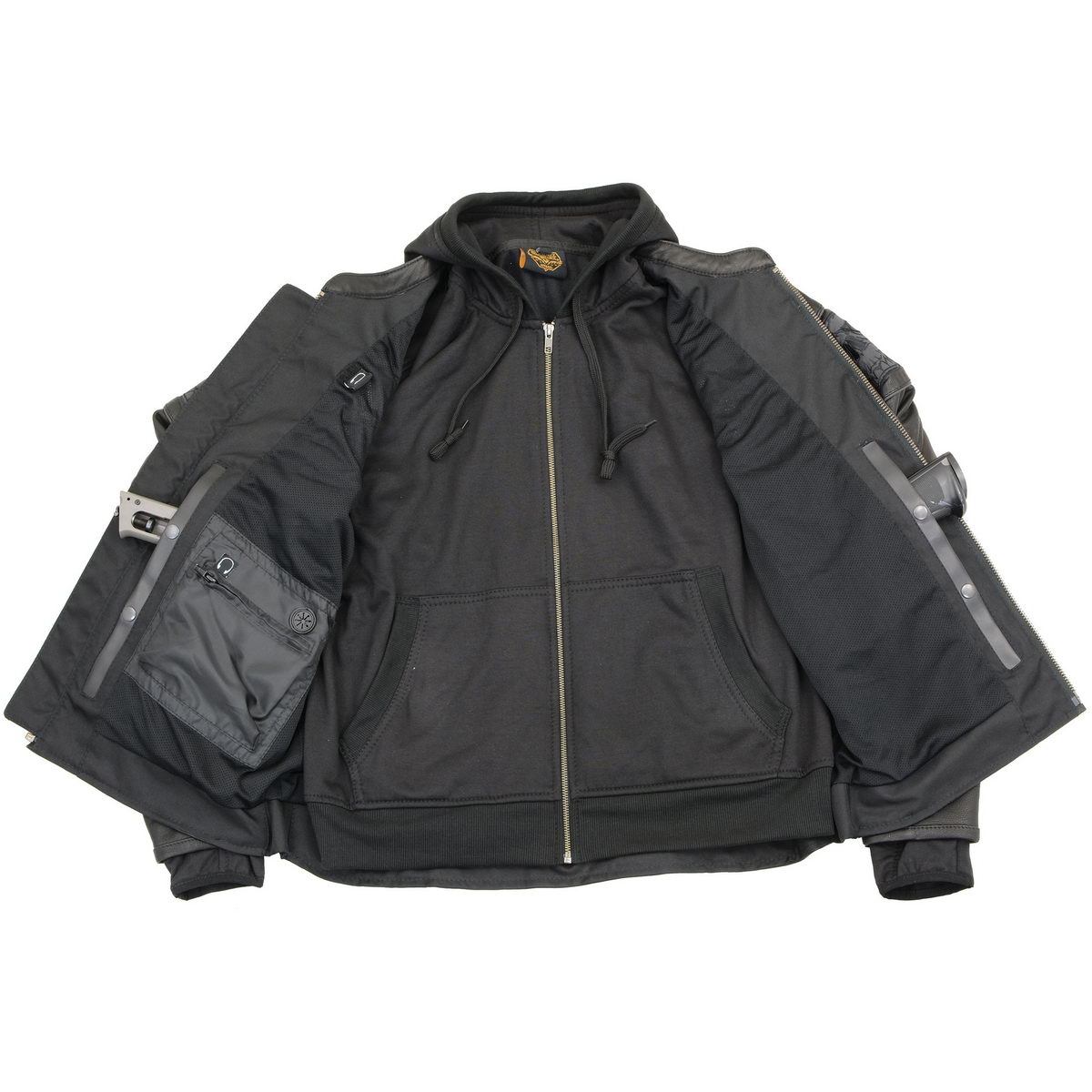 MLM1563 Men's Black Leather Scooter Style Motorcycle Jacket with Reflective Skulls w/ Hoodie