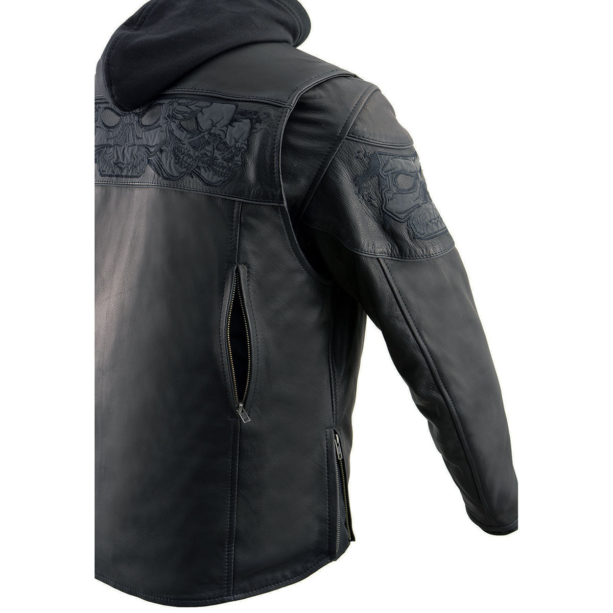 MLM1563 Men's Black Leather Scooter Style Motorcycle Jacket with Reflective Skulls w/ Hoodie