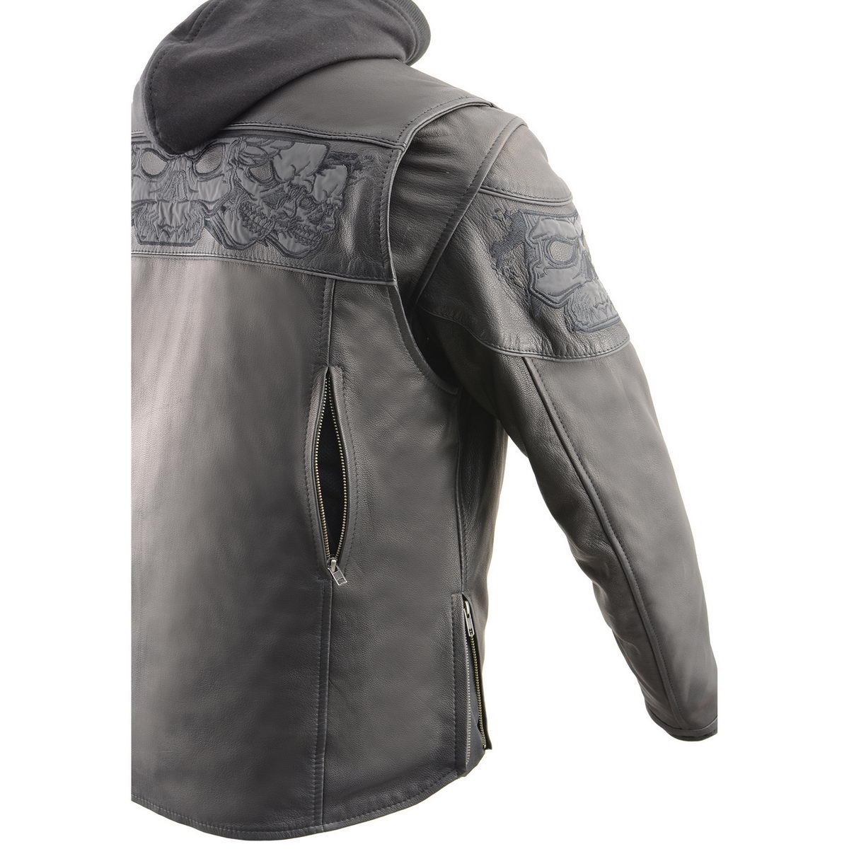 MLM1563 Men's Black Leather Scooter Style Motorcycle Jacket with Reflective Skulls w/ Hoodie