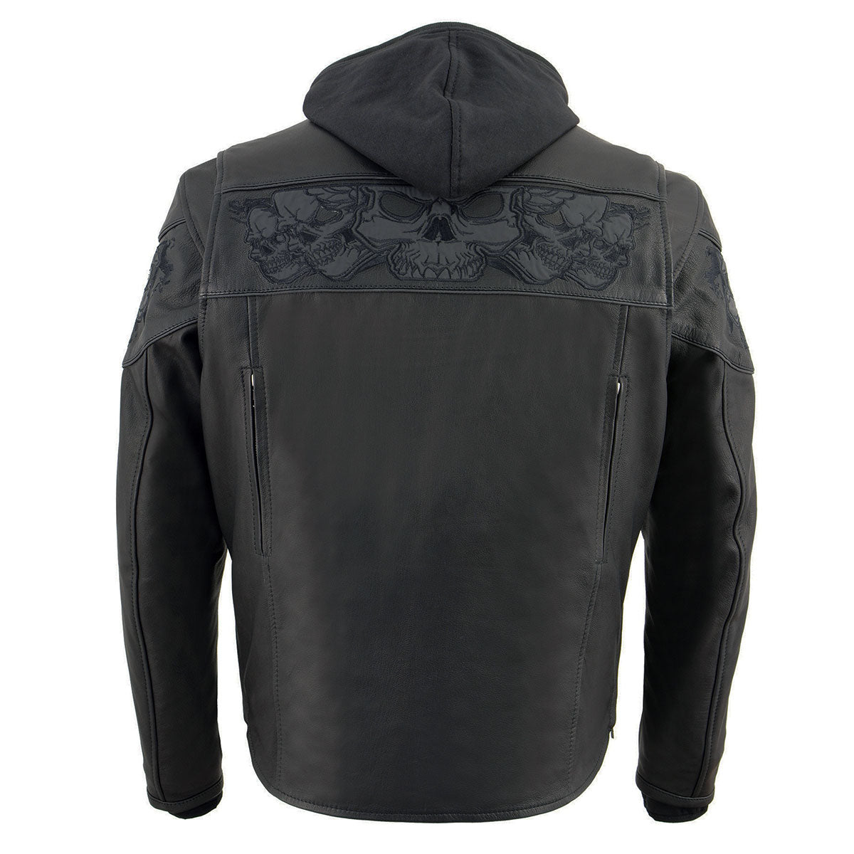 MLM1563 Men's Black Leather Scooter Style Motorcycle Jacket with Reflective Skulls w/ Hoodie
