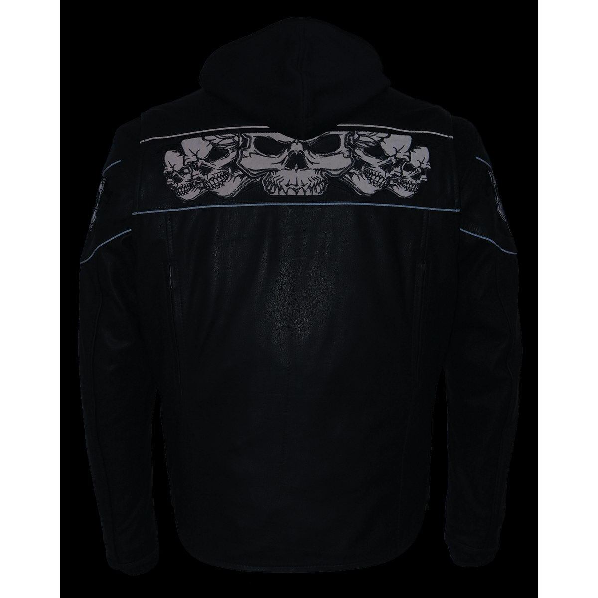 MLM1563 Men's Black Leather Scooter Style Motorcycle Jacket with Reflective Skulls w/ Hoodie