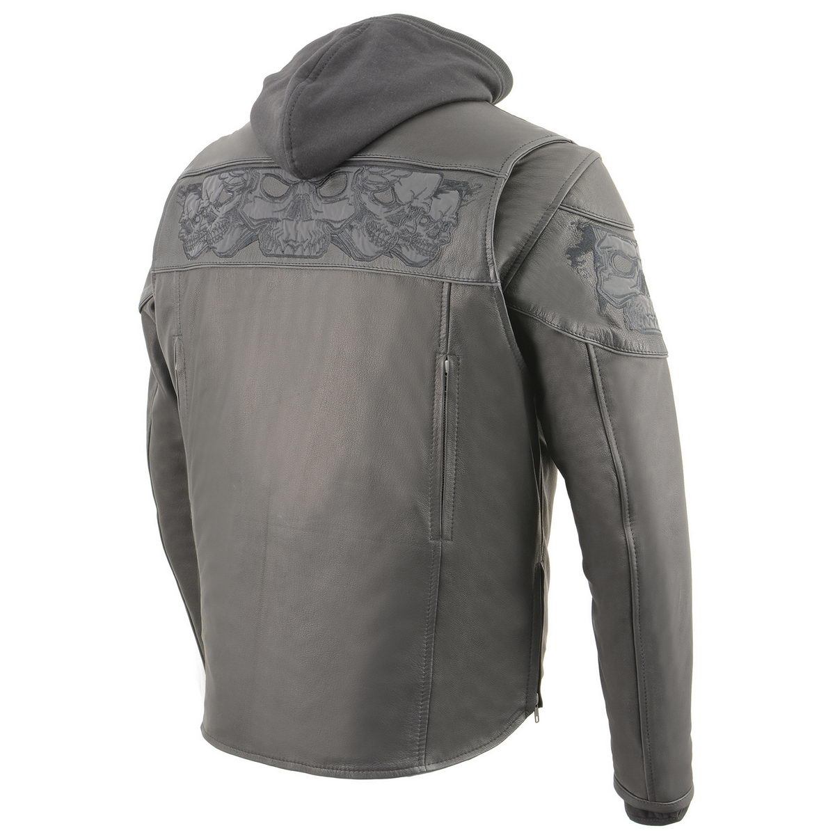 MLM1563 Men's Black Leather Scooter Style Motorcycle Jacket with Reflective Skulls w/ Hoodie