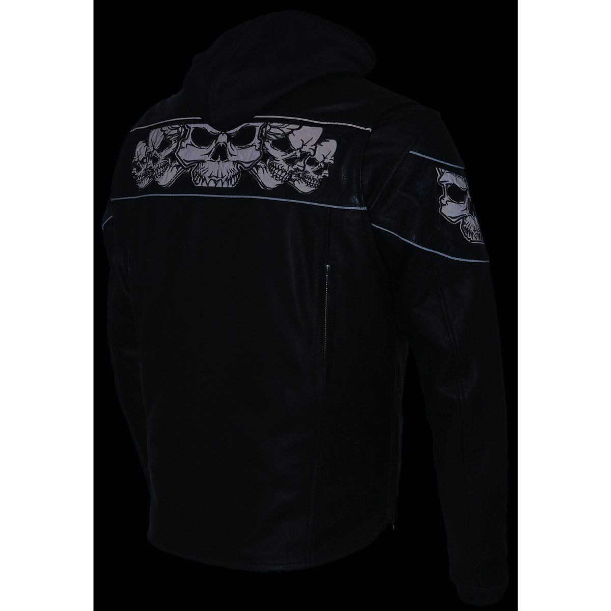 MLM1563 Men's Black Leather Scooter Style Motorcycle Jacket with Reflective Skulls w/ Hoodie