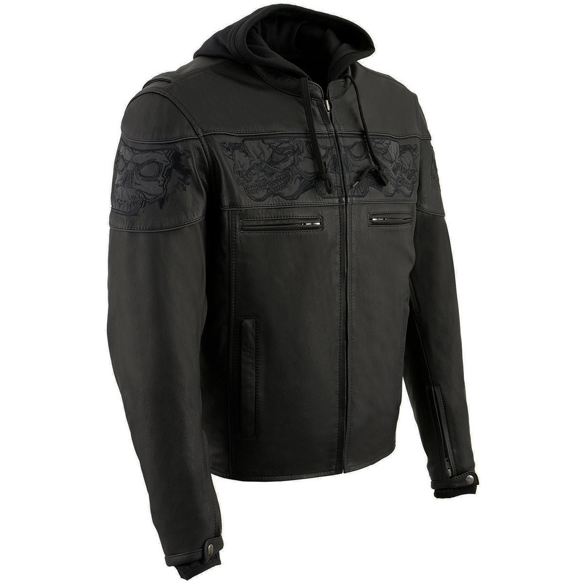 MLM1563 Men's Black Leather Scooter Style Motorcycle Jacket with Reflective Skulls w/ Hoodie
