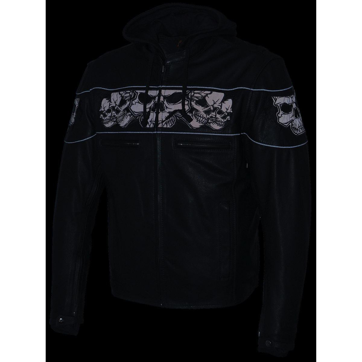 MLM1563 Men's Black Leather Scooter Style Motorcycle Jacket with Reflective Skulls w/ Hoodie