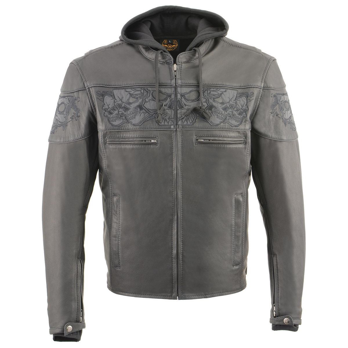 MLM1563 Men's Black Leather Scooter Style Motorcycle Jacket with Reflective Skulls w/ Hoodie