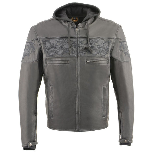 MLM1563 Men's Black Leather Scooter Style Motorcycle Jacket with Reflective Skulls w/ Hoodie