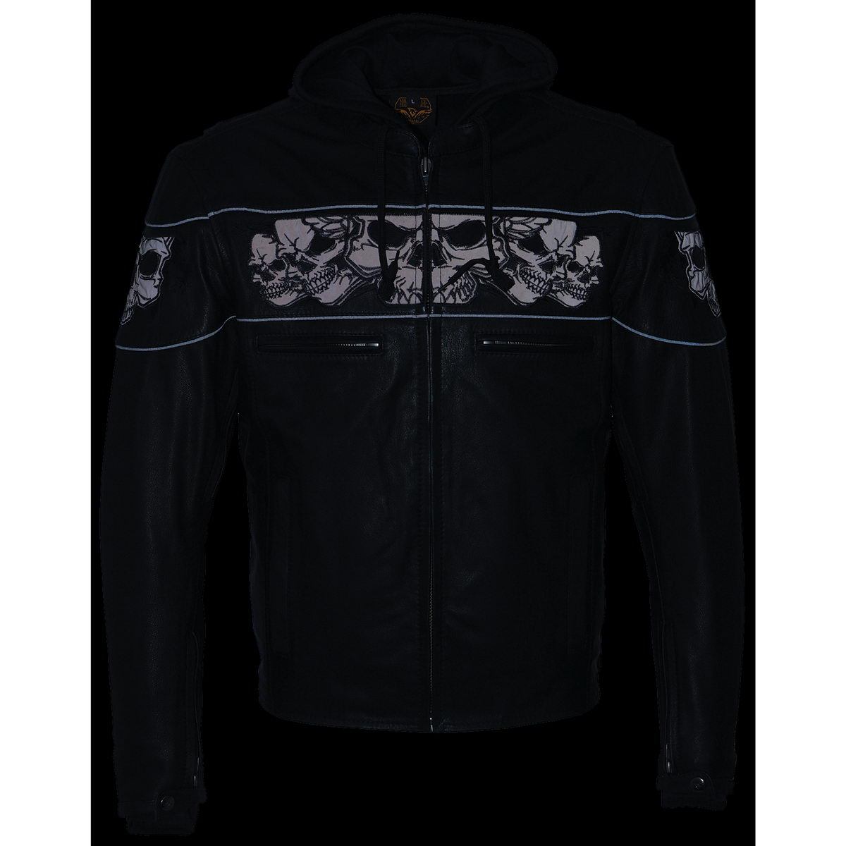 MLM1563 Men's Black Leather Scooter Style Motorcycle Jacket with Reflective Skulls w/ Hoodie