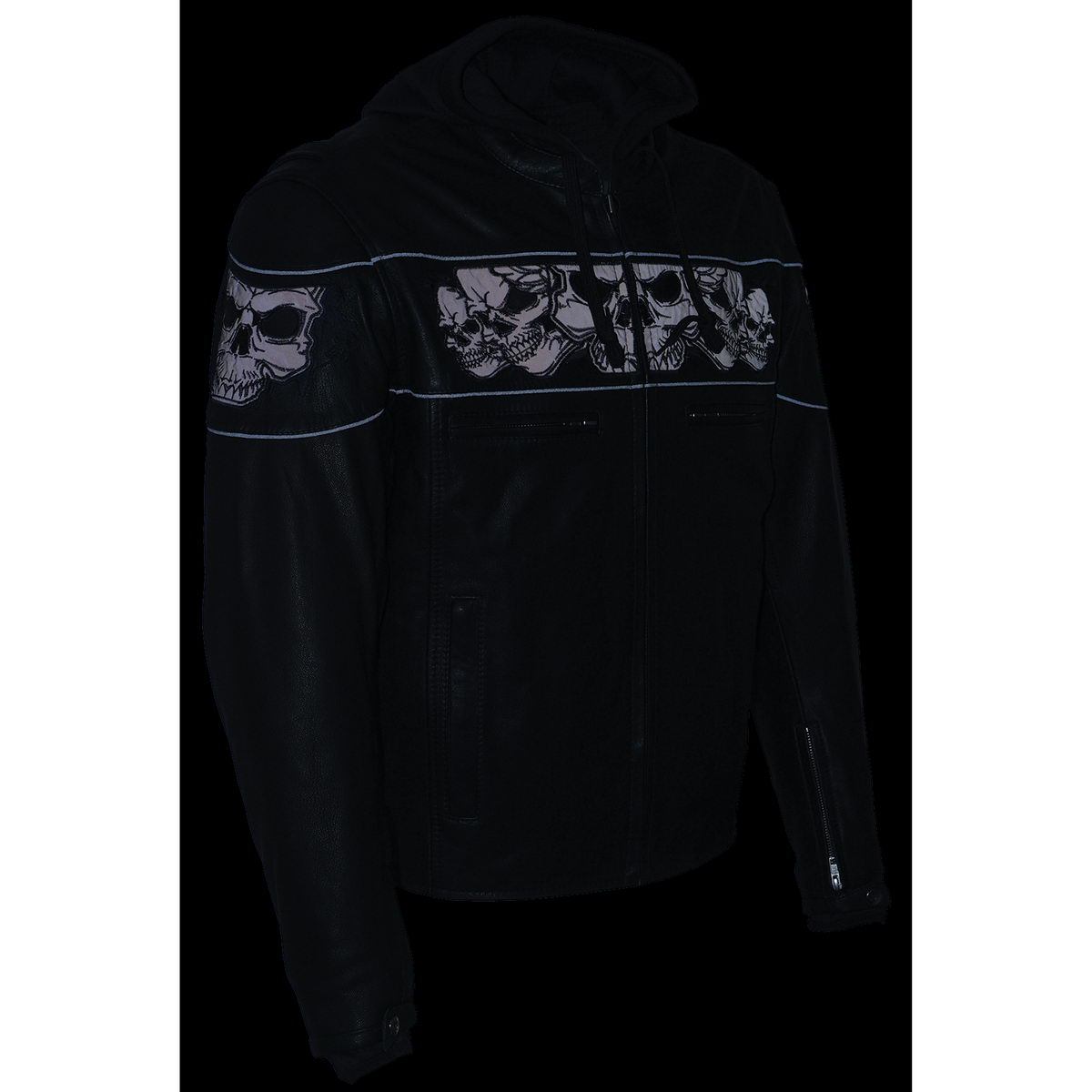 MLM1563 Men's Black Leather Scooter Style Motorcycle Jacket with Reflective Skulls w/ Hoodie