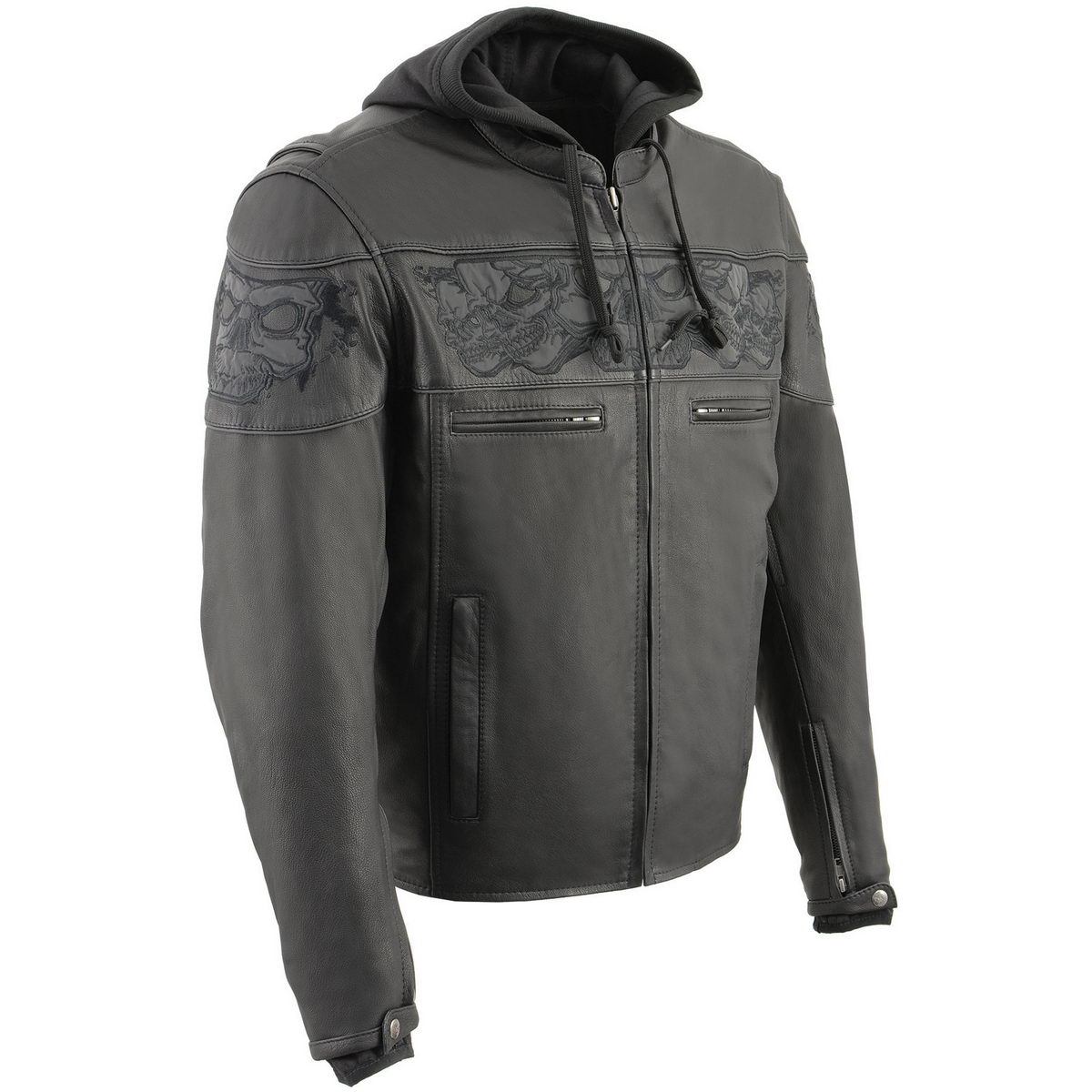 MLM1563 Men's Black Leather Scooter Style Motorcycle Jacket with Reflective Skulls w/ Hoodie