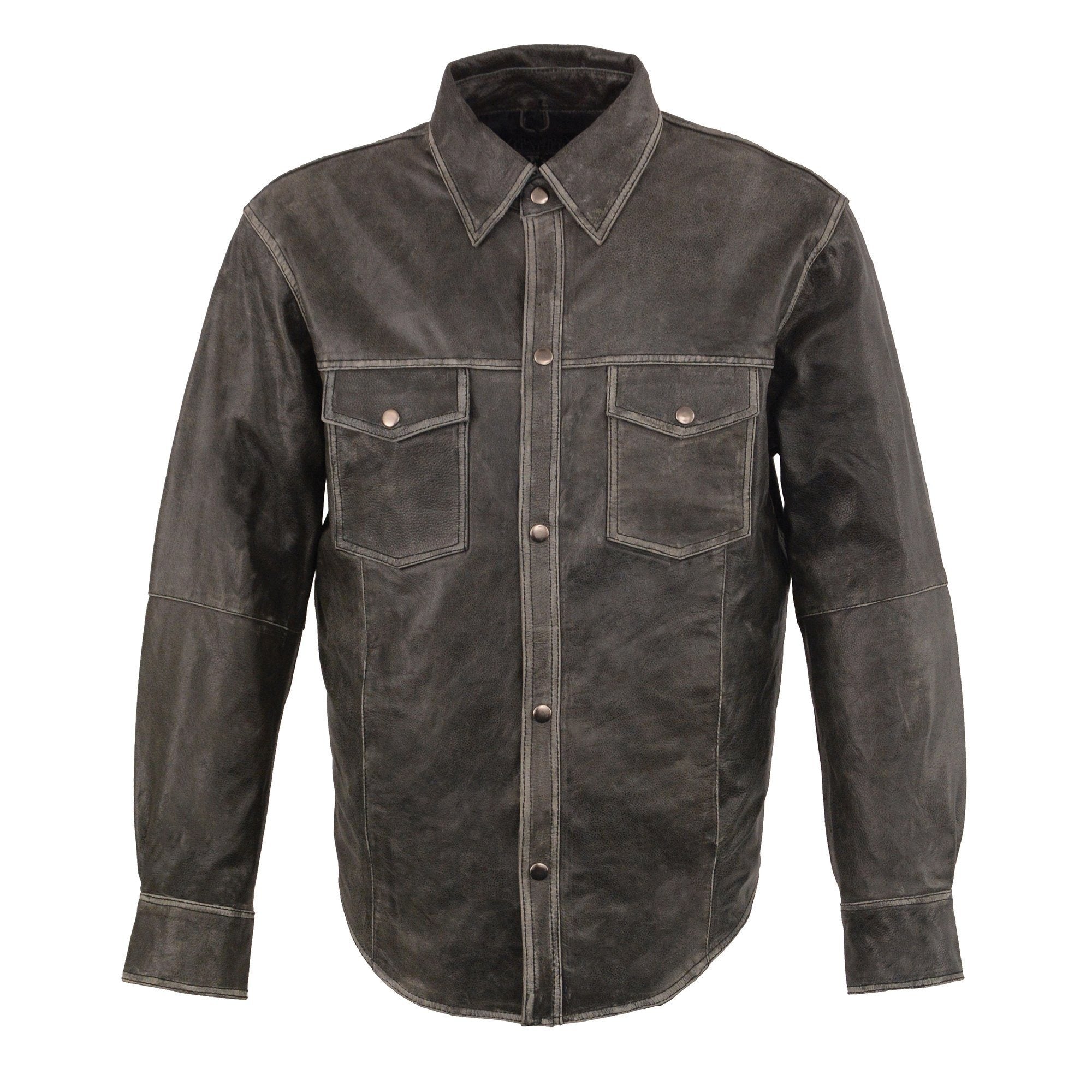 MLM1605 Men's 'Button Down' Distressed Grey Lightweight Casual Biker Leather Shirt