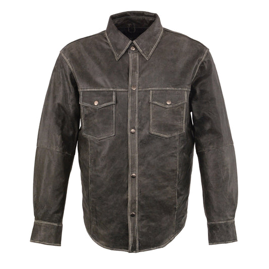 MLM1605 Men's 'Button Down' Distressed Grey Lightweight Casual Biker Leather Shirt