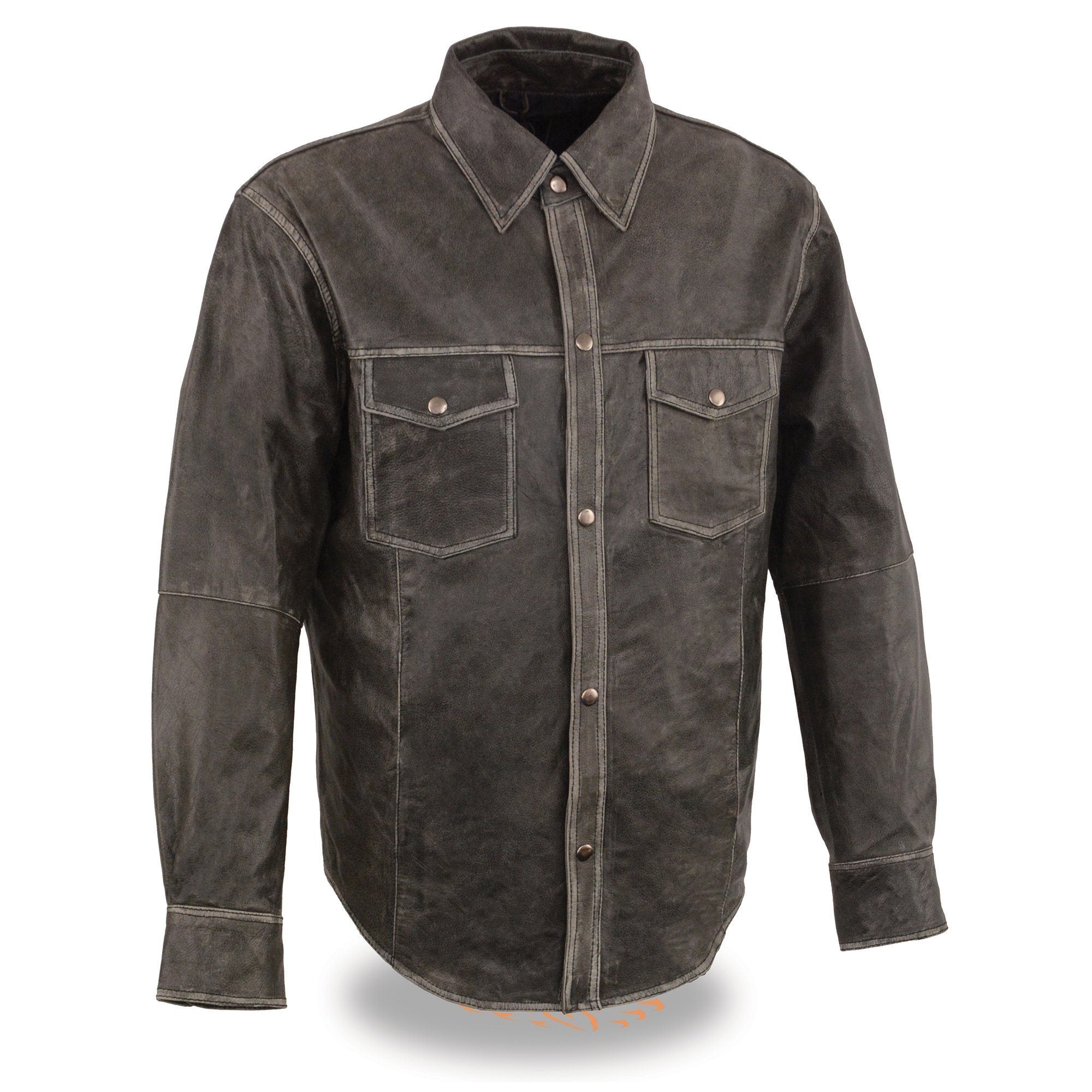 MLM1605 Men's 'Button Down' Distressed Grey Lightweight Casual Biker Leather Shirt