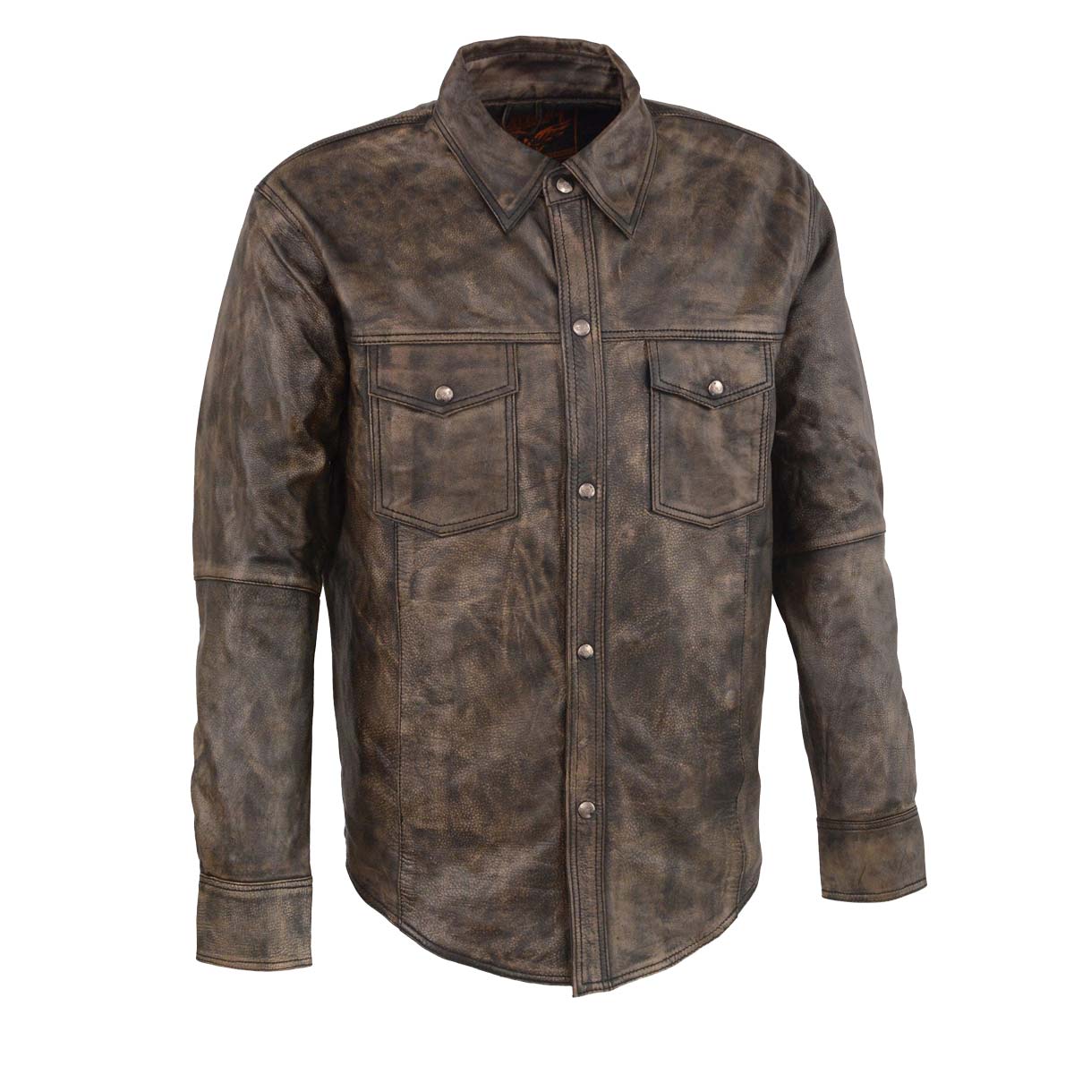 MLM1606 Men's 'Button Down' Distressed Brown Casual Biker Leather Shirt