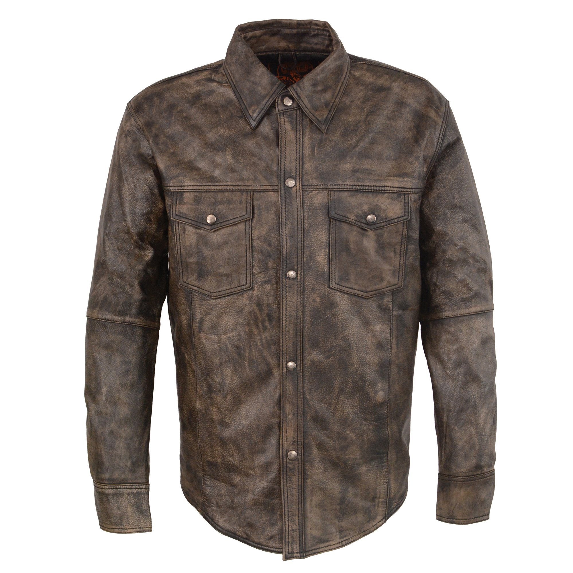 MLM1606 Men's 'Button Down' Distressed Brown Casual Biker Leather Shirt