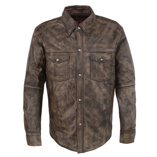 MLM1606 Men's 'Button Down' Distressed Brown Casual Biker Leather Shirt