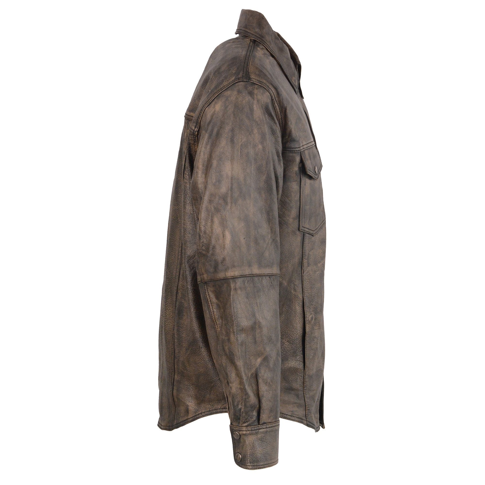 MLM1606 Men's 'Button Down' Distressed Brown Casual Biker Leather Shirt