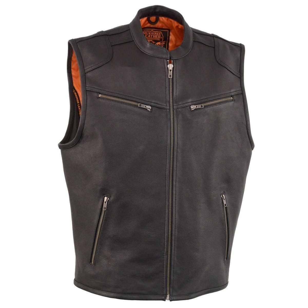 MLM3502 Men's Black Premium Leather Motorcycle Rider Vest with Cool-Tec Leather Treatment Tech