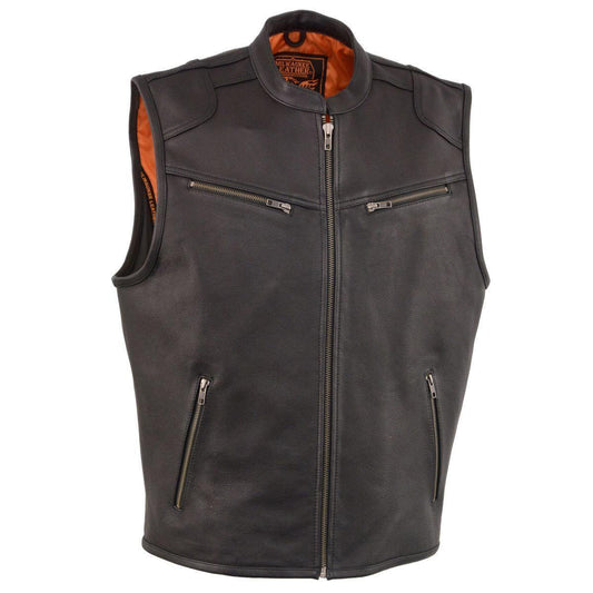 MLM3502 Men's Black Premium Leather Motorcycle Rider Vest with Cool-Tec Leather Treatment Tech