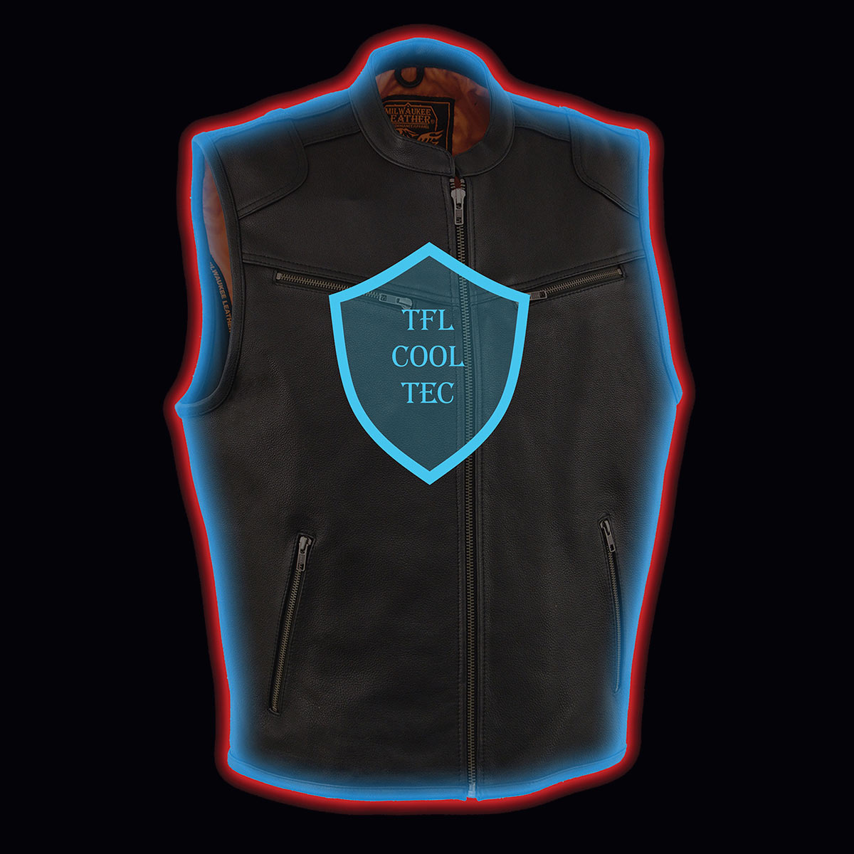 MLM3502 Men's Black Premium Leather Motorcycle Rider Vest with Cool-Tec Leather Treatment Tech