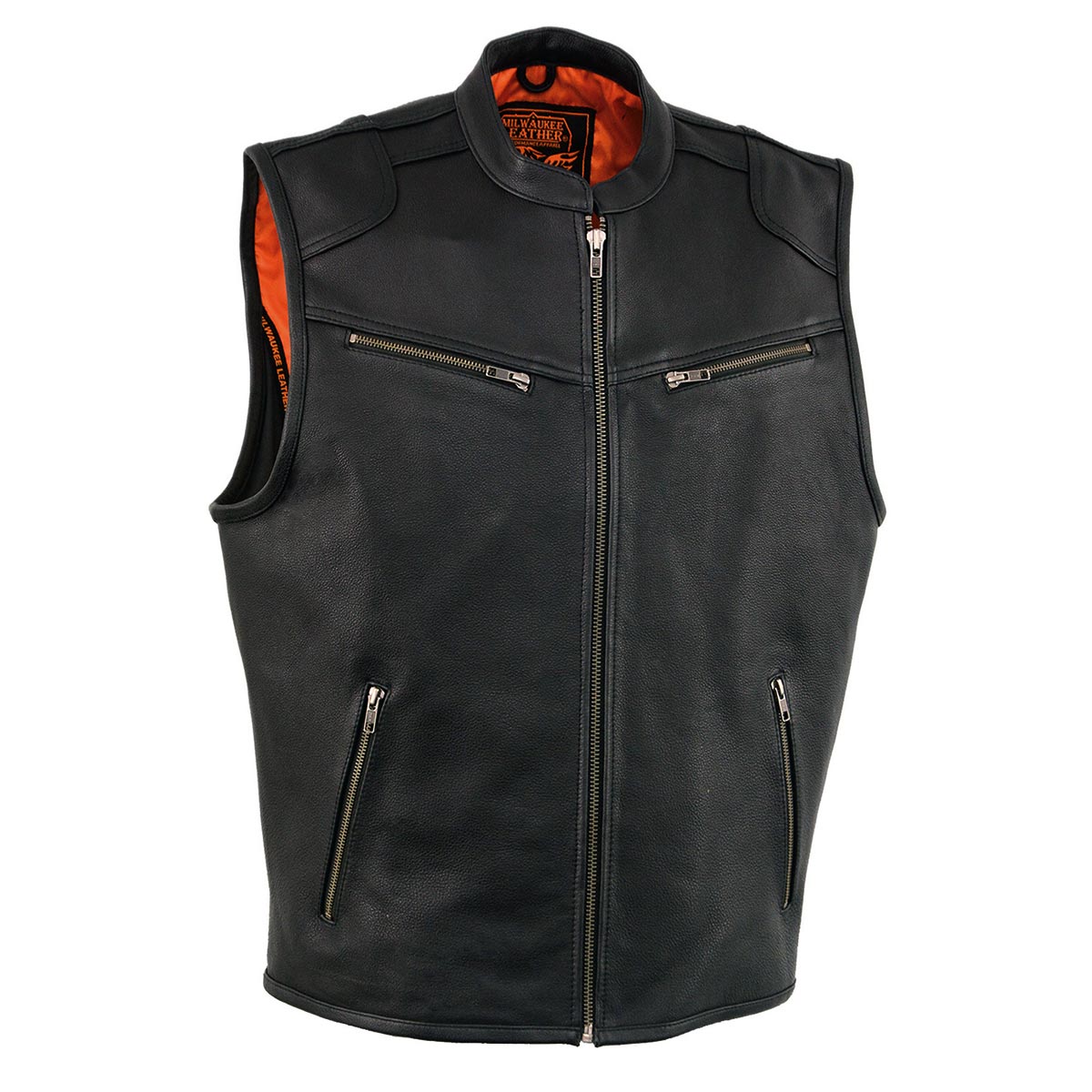 MLM3502 Men's Black Premium Leather Motorcycle Rider Vest with Cool-Tec Leather Treatment Tech