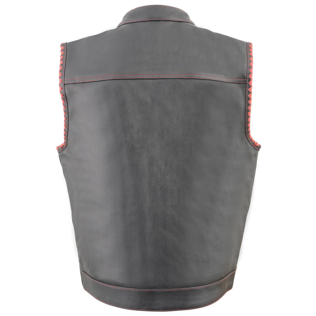 MLM3506 Men's Black Premium Leather Vest - Old Glory Laced Armholes Red Stitching Club Style Vest