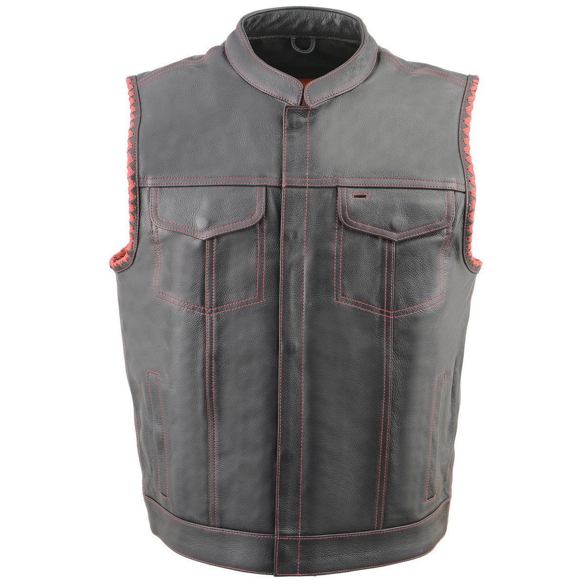 MLM3506 Men's Black Premium Leather Vest - Old Glory Laced Armholes Red Stitching Club Style Vest