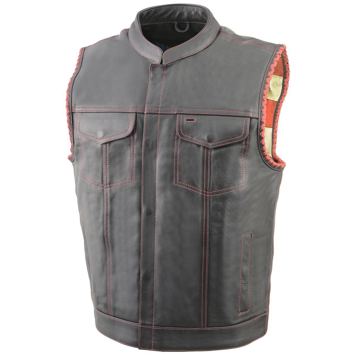 MLM3506 Men's Black Premium Leather Vest - Old Glory Laced Armholes Red Stitching Club Style Vest