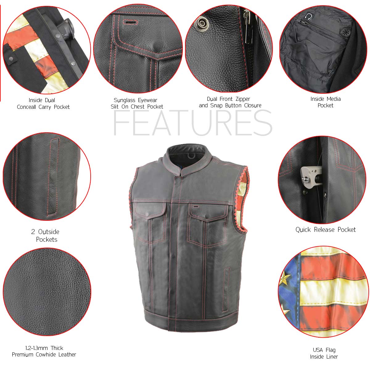 MLM3506 Men's Black Premium Leather Vest - Old Glory Laced Armholes Red Stitching Club Style Vest