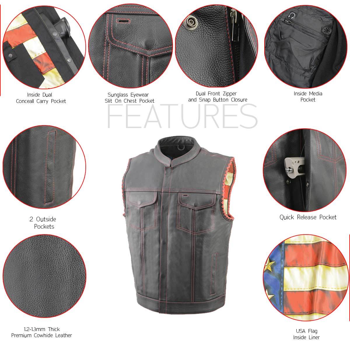 MLM3506 Men's Black Premium Leather Vest - Old Glory Laced Armholes Red Stitching Club Style Vest