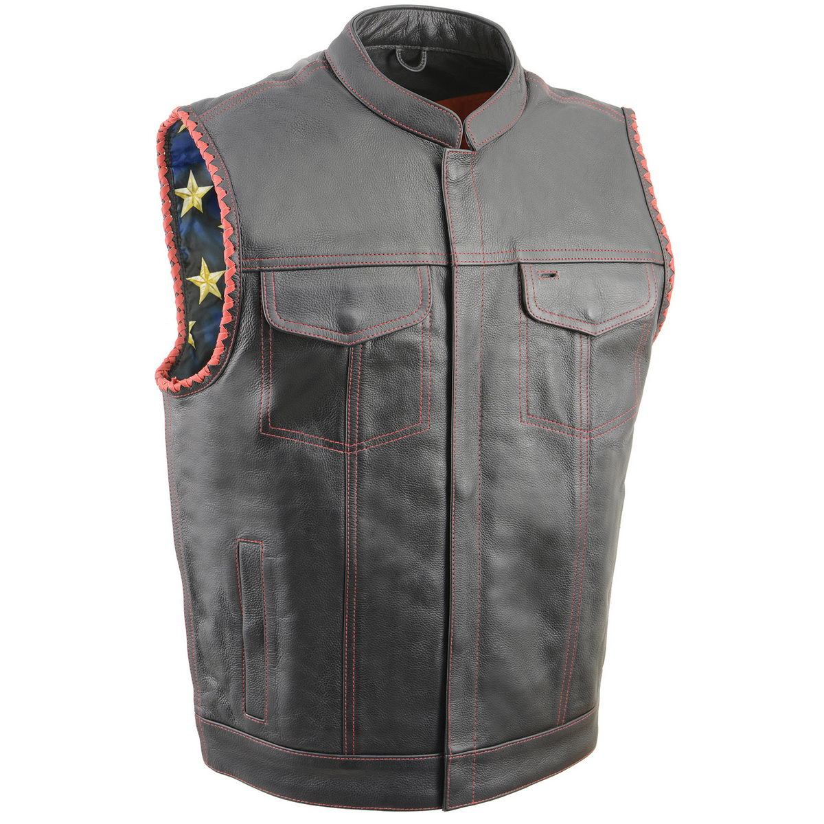 MLM3506 Men's Black Premium Leather Vest - Old Glory Laced Armholes Red Stitching Club Style Vest