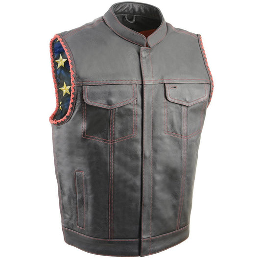 MLM3506 Men's Black Premium Leather Vest - Old Glory Laced Armholes Red Stitching Club Style Vest