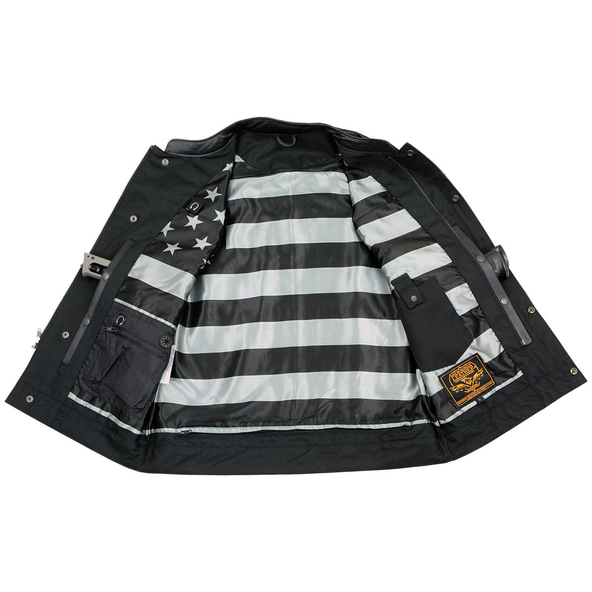 MLM3507 Men's Old Glory Black Premium Leather Club Style Vest w/ Grey Stitching Laced Armholes
