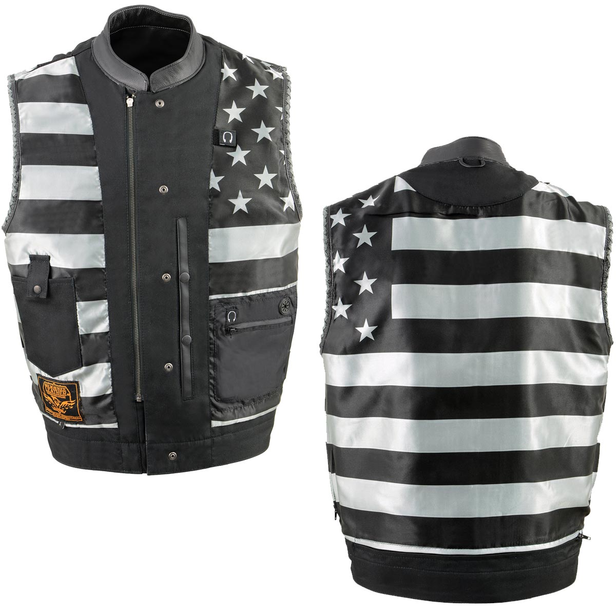 MLM3507 Men's Old Glory Black Premium Leather Club Style Vest w/ Grey Stitching Laced Armholes