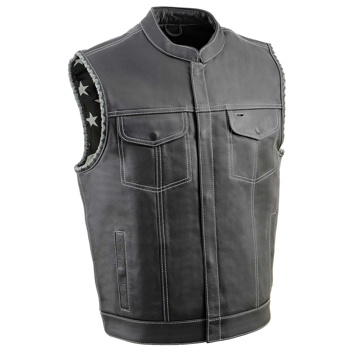 MLM3507 Men's Old Glory Black Premium Leather Club Style Vest w/ Grey Stitching Laced Armholes
