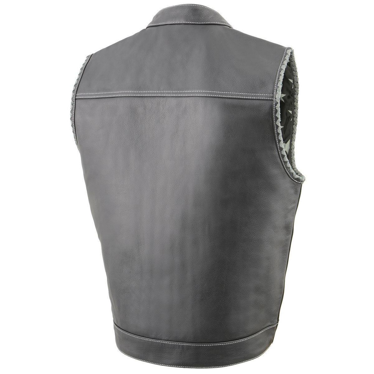 MLM3507 Men's Old Glory Black Premium Leather Club Style Vest w/ Grey Stitching Laced Armholes