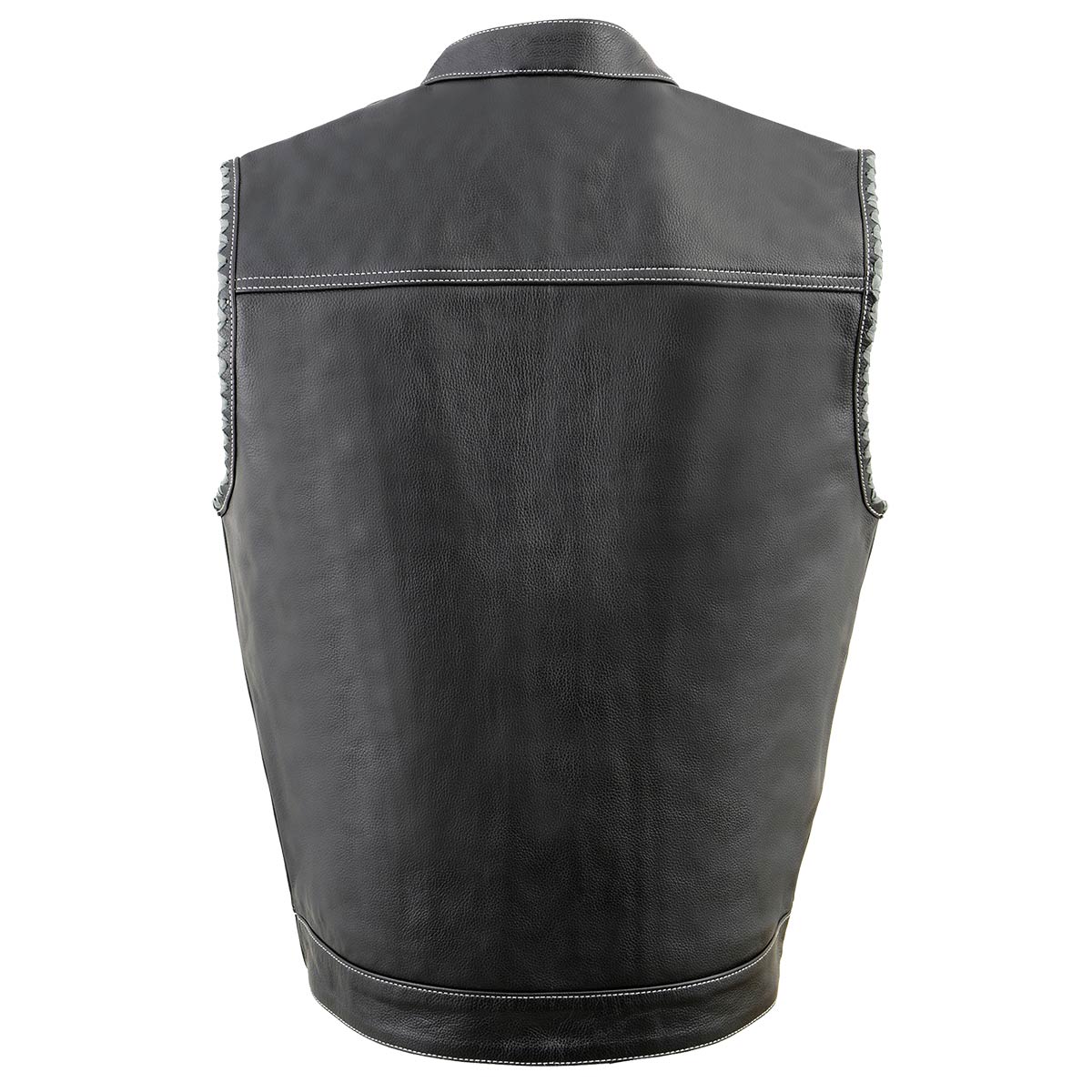 MLM3507 Men's Old Glory Black Premium Leather Club Style Vest w/ Grey Stitching Laced Armholes