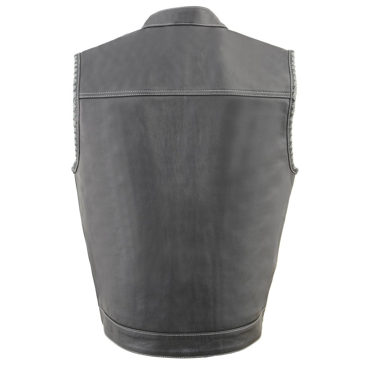 MLM3507 Men's Old Glory Black Premium Leather Club Style Vest w/ Grey Stitching Laced Armholes
