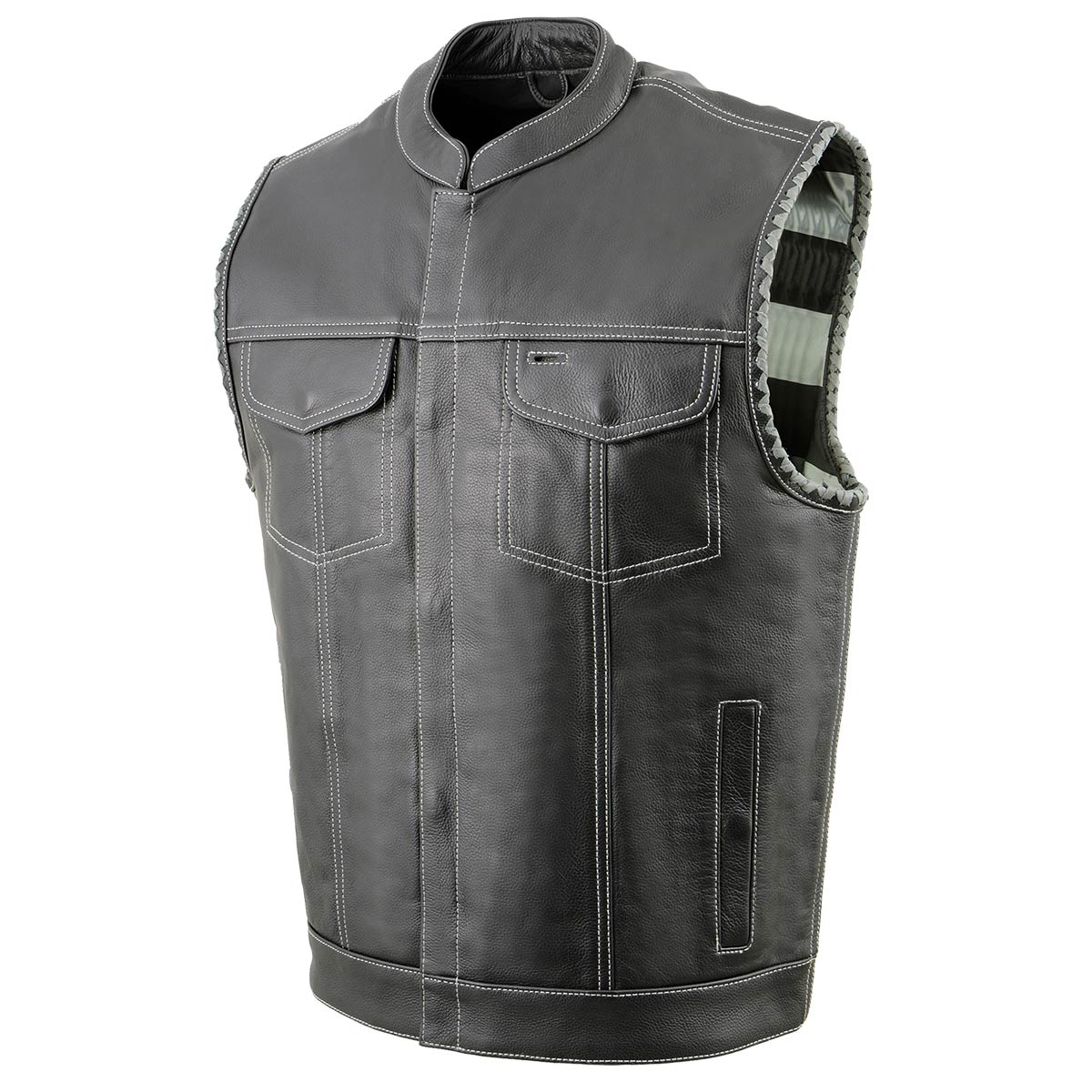 MLM3507 Men's Old Glory Black Premium Leather Club Style Vest w/ Grey Stitching Laced Armholes