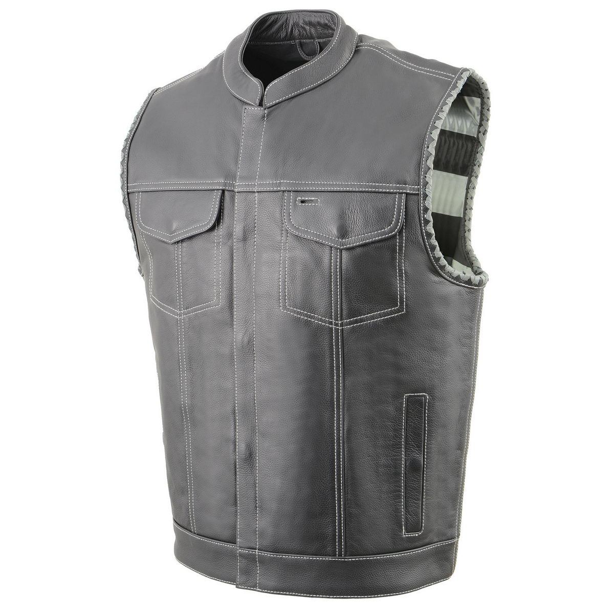 MLM3507 Men's Old Glory Black Premium Leather Club Style Vest w/ Grey Stitching Laced Armholes