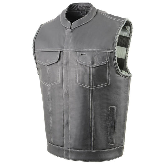 MLM3507 Men's Old Glory Black Premium Leather Club Style Vest w/ Grey Stitching Laced Armholes