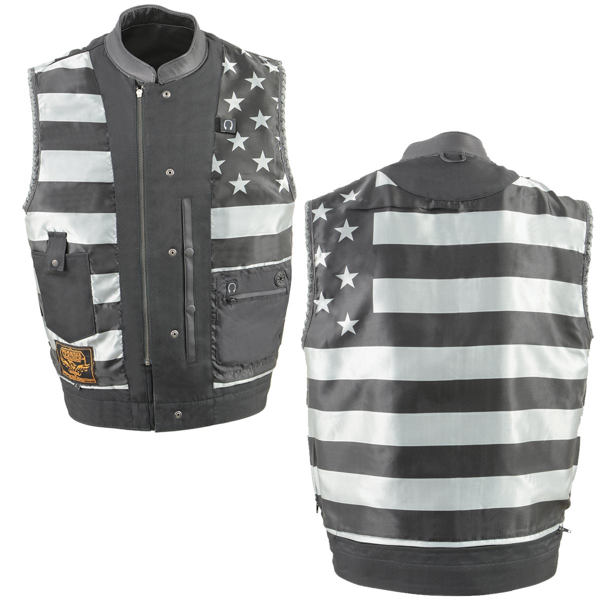 MLM3507 Men's Old Glory Black Premium Leather Club Style Vest w/ Grey Stitching Laced Armholes