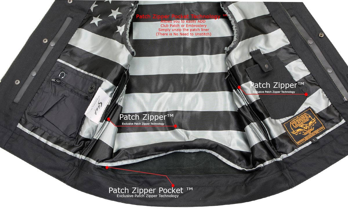 MLM3507 Men's Old Glory Black Premium Leather Club Style Vest w/ Grey Stitching Laced Armholes