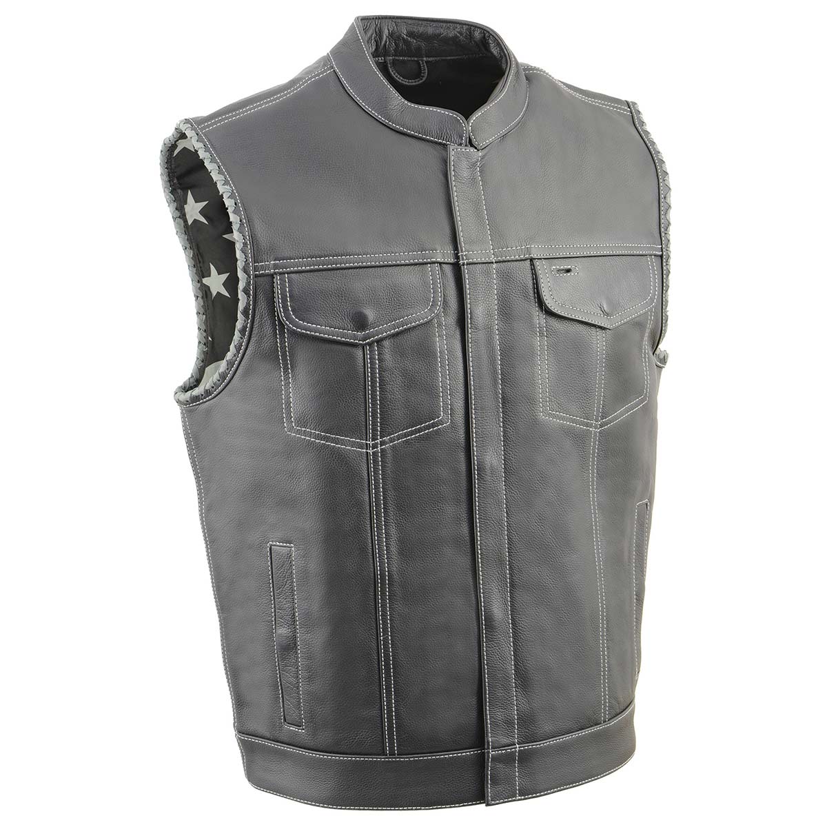 MLM3507 Men's Old Glory Black Premium Leather Club Style Vest w/ Grey Stitching Laced Armholes